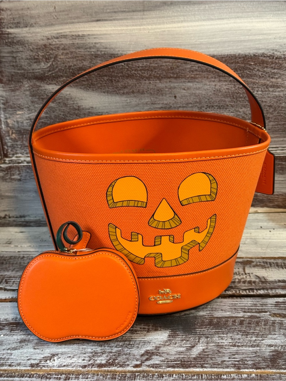 Coach Orange Halloween Jack-O'-Lantern Bucket Bag with Pumpkin Coin Pouch
